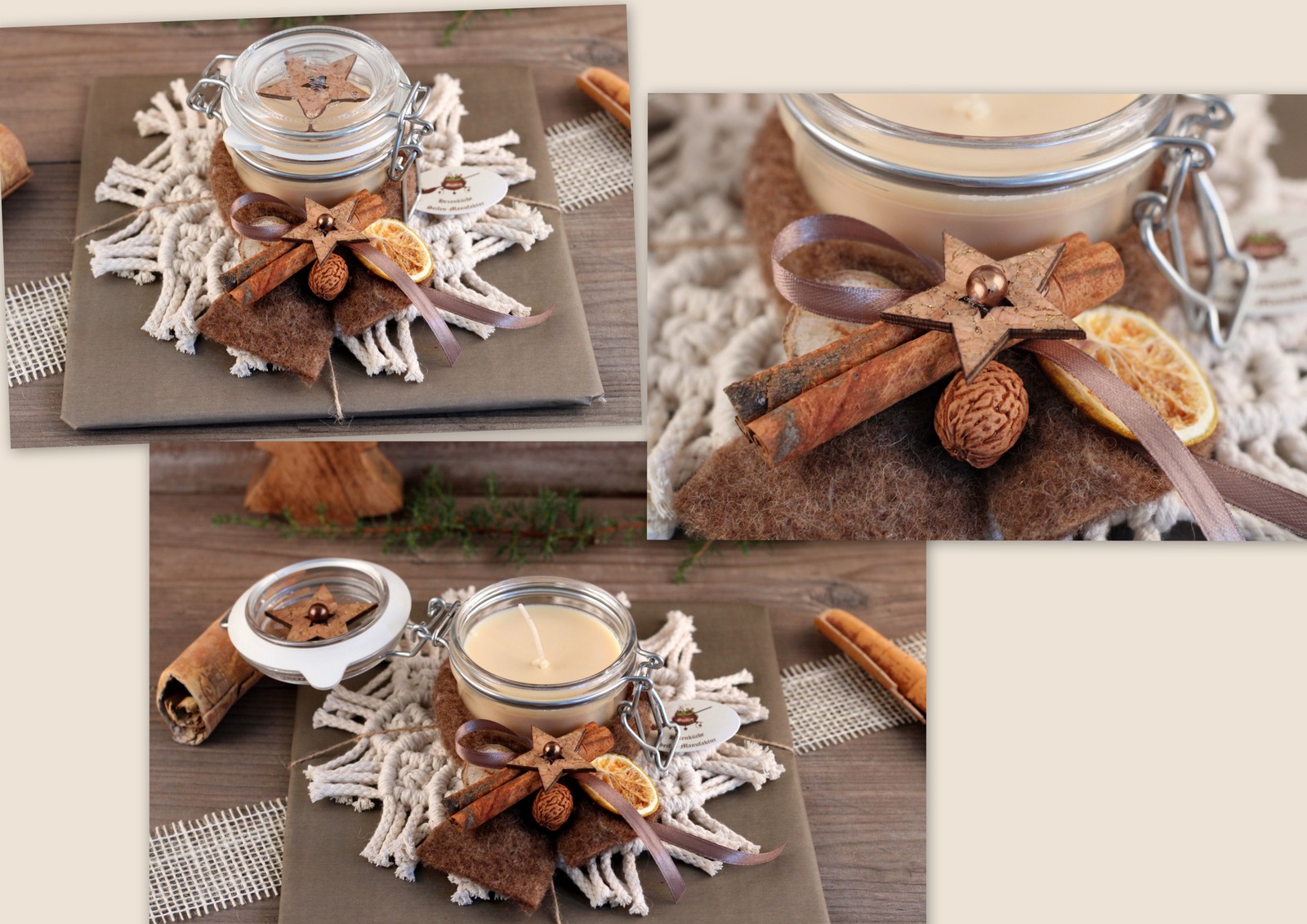AromaKerze weihnachtlich Zirbelkiefer mit Makramee