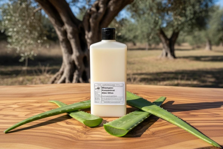 Aloe Olive Flüssigshampoo vor einem Olivenbaum