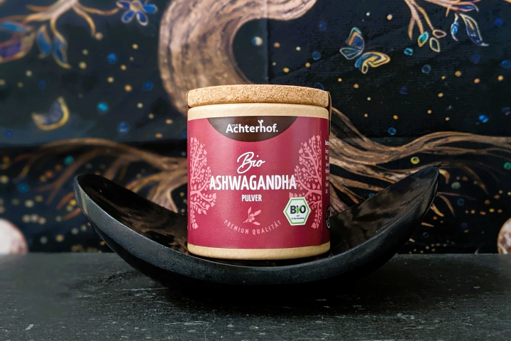 Bio Ashwagandha Pulver im Papptiegel mit Korkdeckel