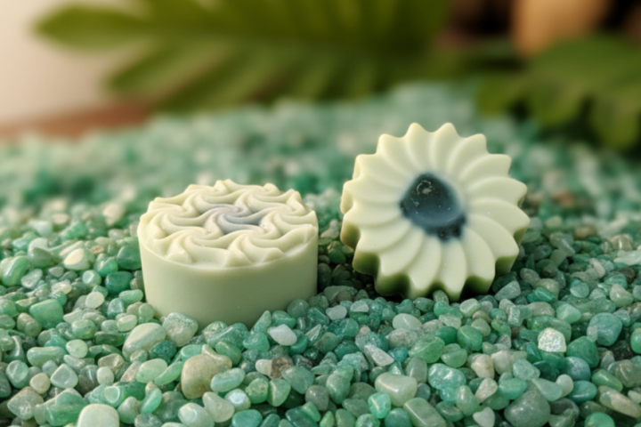 Glückssteinseife Aventura in einem Bett aus Aventurinsteinen