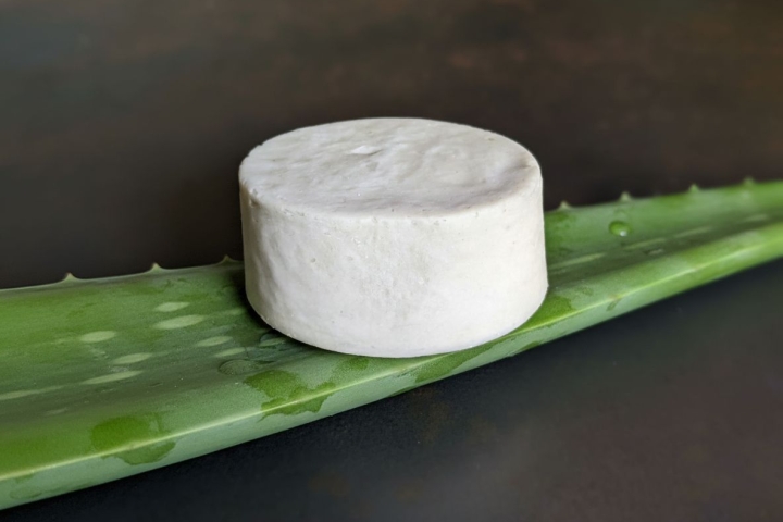 ShampooBar Aloe Olive auf einem Aloe Vera Blatt