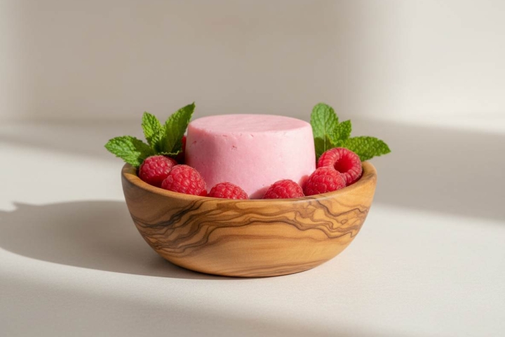 ShampooBar Himbeer-Minze in einem Olivenholzschälchen